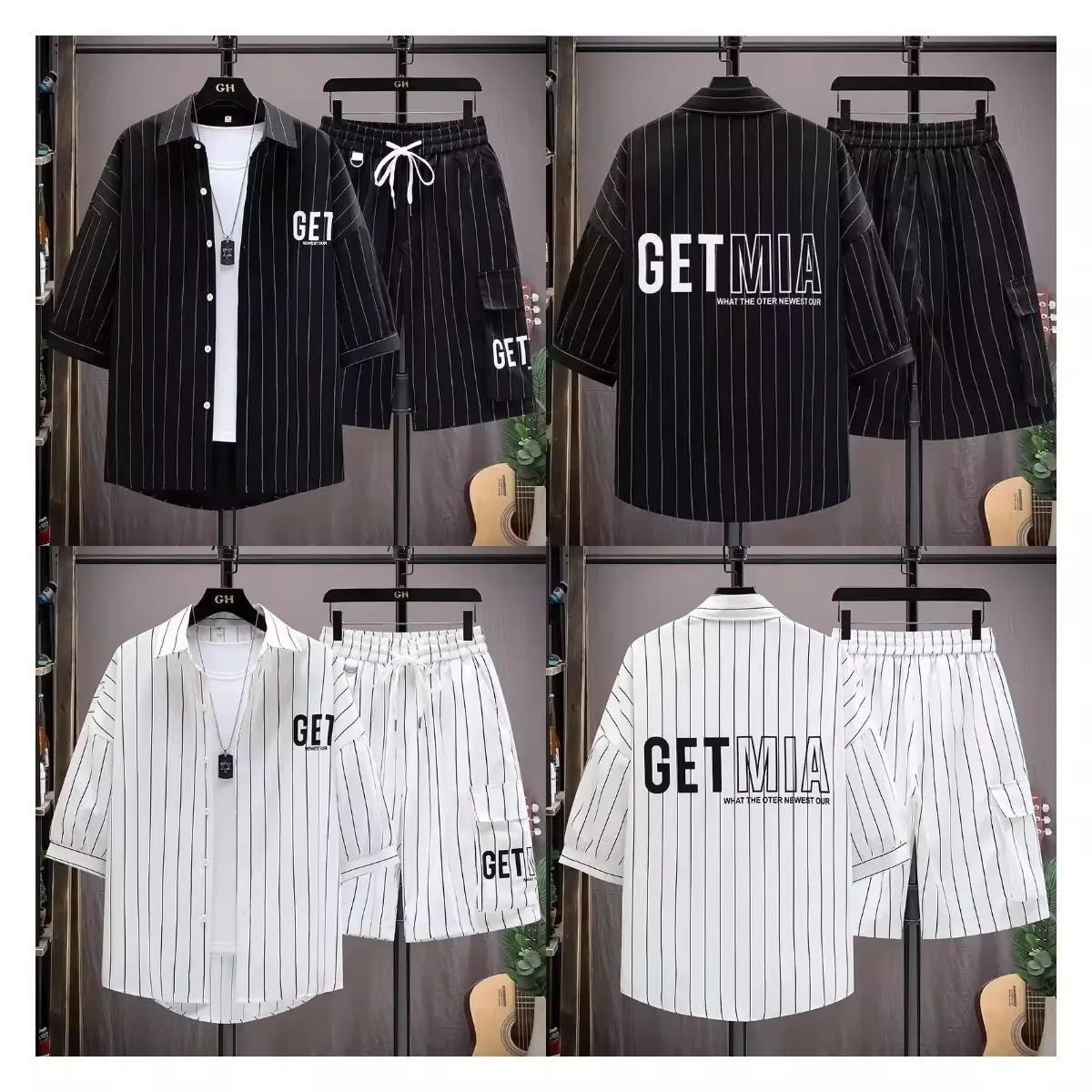 Chemise à manches courte Ensemble deux pièces rayé de luxe pour hommes