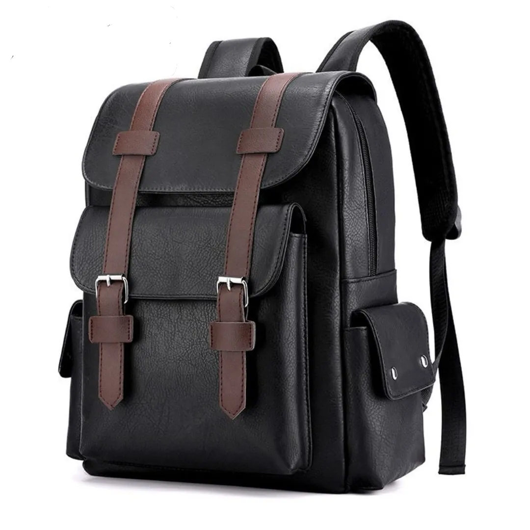 Retro Double Buckle Plus Size 15.6 Inch Laptop Backpack School Bag College Soft PU Backpack