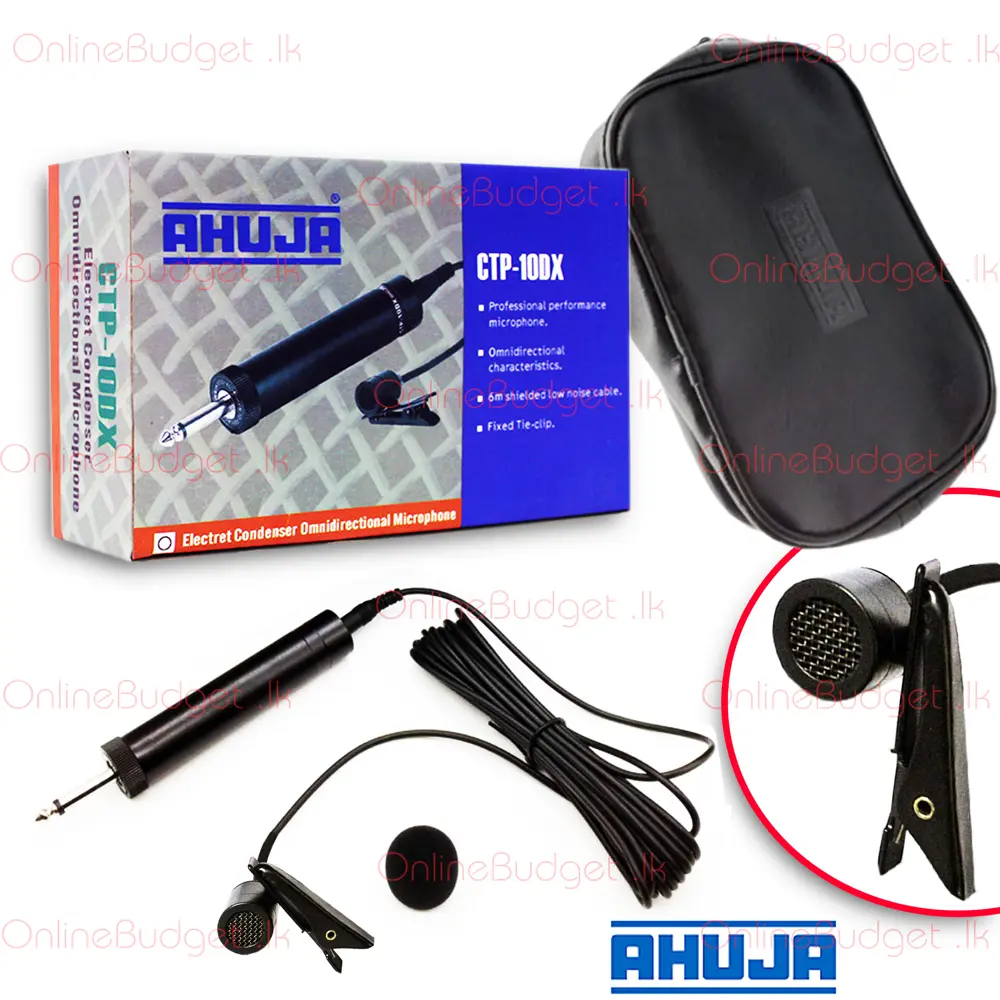  Ahuja CTP-100DX, un microphone électret à condensateur omnidirectionnel. Il inclut le microphone, un câble, ainsi qu'une pochette de transport. Souhaitez-vous plus de détails sur ses caractéristiques ou ses spécifications ?