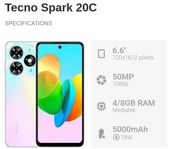 Tecno Spark 20C – 256Go – Ram 4Go – 6.6″