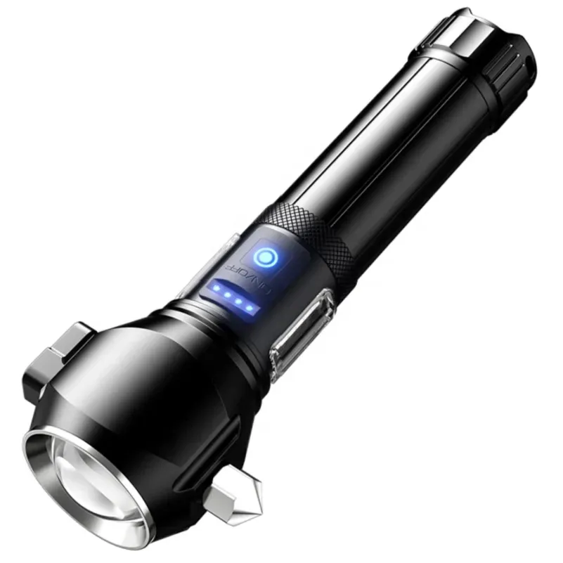 Lampe de poche multifonctions à zoom puissant pour l’extérieur, Rechargeable par USB, lampe de poche tactique d’urgence à LED avec marteau de sécurité 