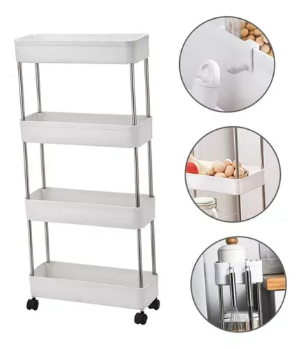 Étagère de rangement mobile à quatre niveaux avec crochets, idéale pour la cuisine ou la salle de bain, équipée de roulettes pivotantes et conçue pour optimiser l’espace de stockage