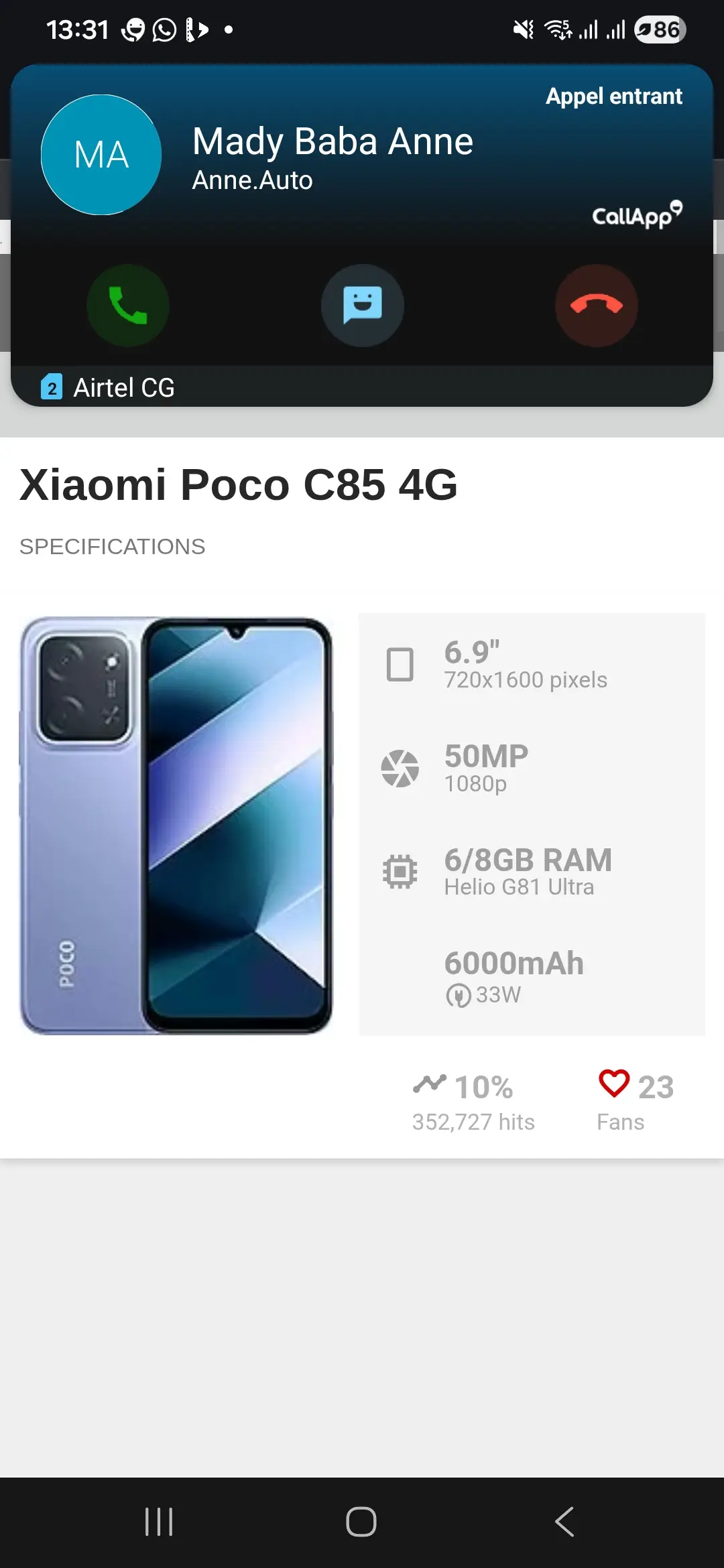 Téléphone Poco C85, (8g ram/256g