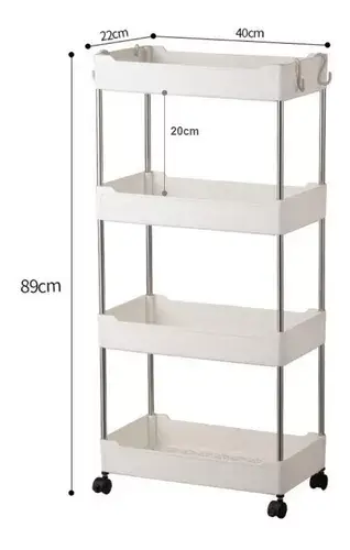 Vue alternative 1 - Étagère de rangement mobile à quatre niveaux avec crochets, idéale pour la cuisine ou la salle de bain, équipée de roulettes pivotantes et conçue pour optimiser l’espace de stockage