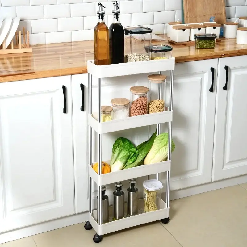 Vue alternative 2 - Étagère de rangement mobile à quatre niveaux avec crochets, idéale pour la cuisine ou la salle de bain, équipée de roulettes pivotantes et conçue pour optimiser l’espace de stockage