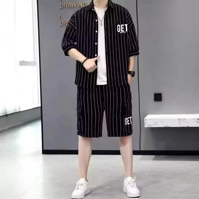 Chemise à manches courte Ensemble deux pièces rayé de luxe pour hommes - Vue détaillée 4