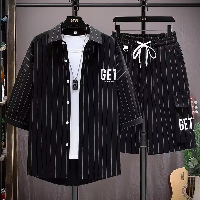 Chemise à manches courte Ensemble deux pièces rayé de luxe pour hommes - Vue détaillée 5