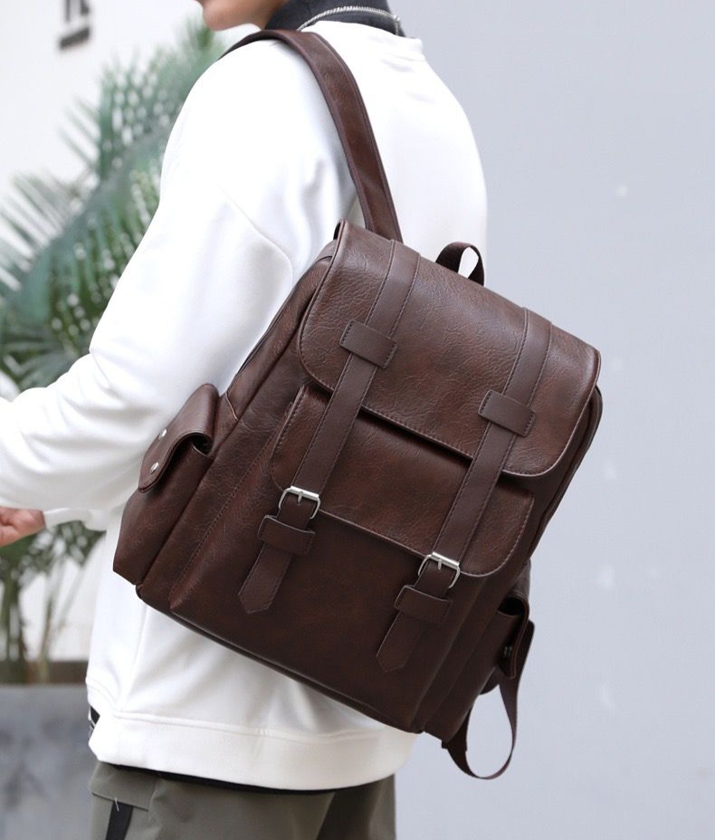 Retro Double Buckle Plus Size 15.6 Inch Laptop Backpack School Bag College Soft PU Backpack - Vue détaillée 3