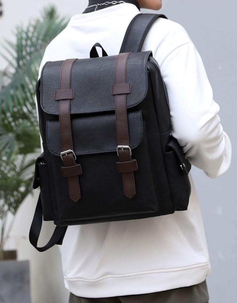 Retro Double Buckle Plus Size 15.6 Inch Laptop Backpack School Bag College Soft PU Backpack - Vue détaillée 2