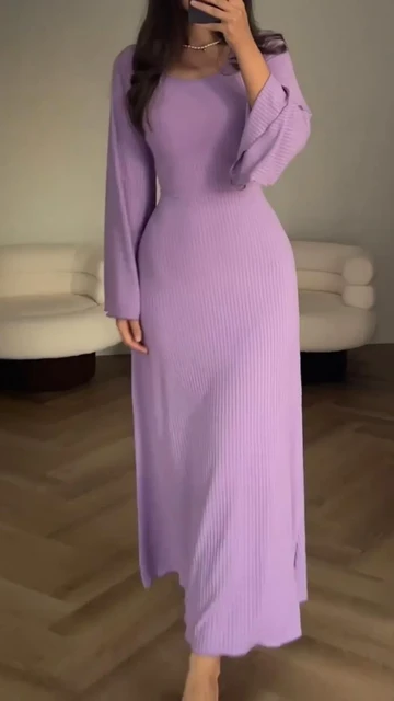 boutique) Robe longue élastique pour femme, couleur disponible, manches évasées, à lacets, décontracté, automne, hiver, mode - Vue détaillée 1