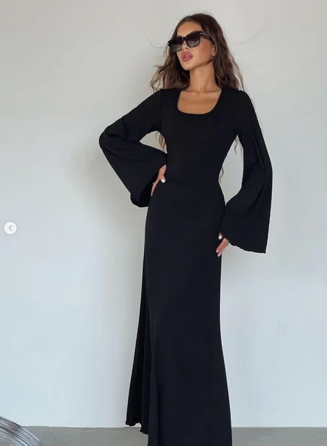 boutique) Robe longue élastique pour femme, couleur disponible, manches évasées, à lacets, décontracté, automne, hiver, mode - Vue détaillée 3