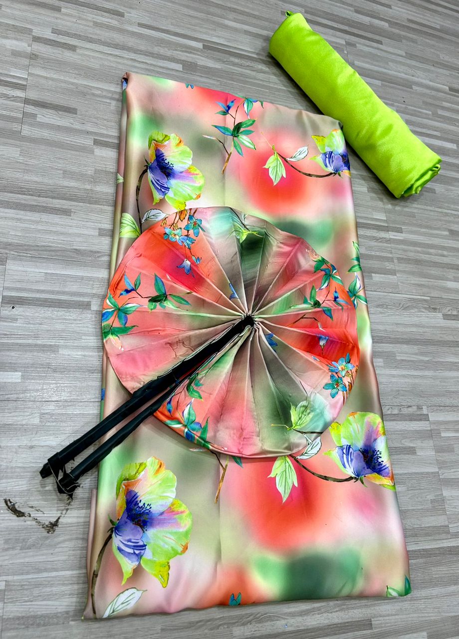 Ensemble de soie fleuries +éventails + satin - Vue détaillée 1