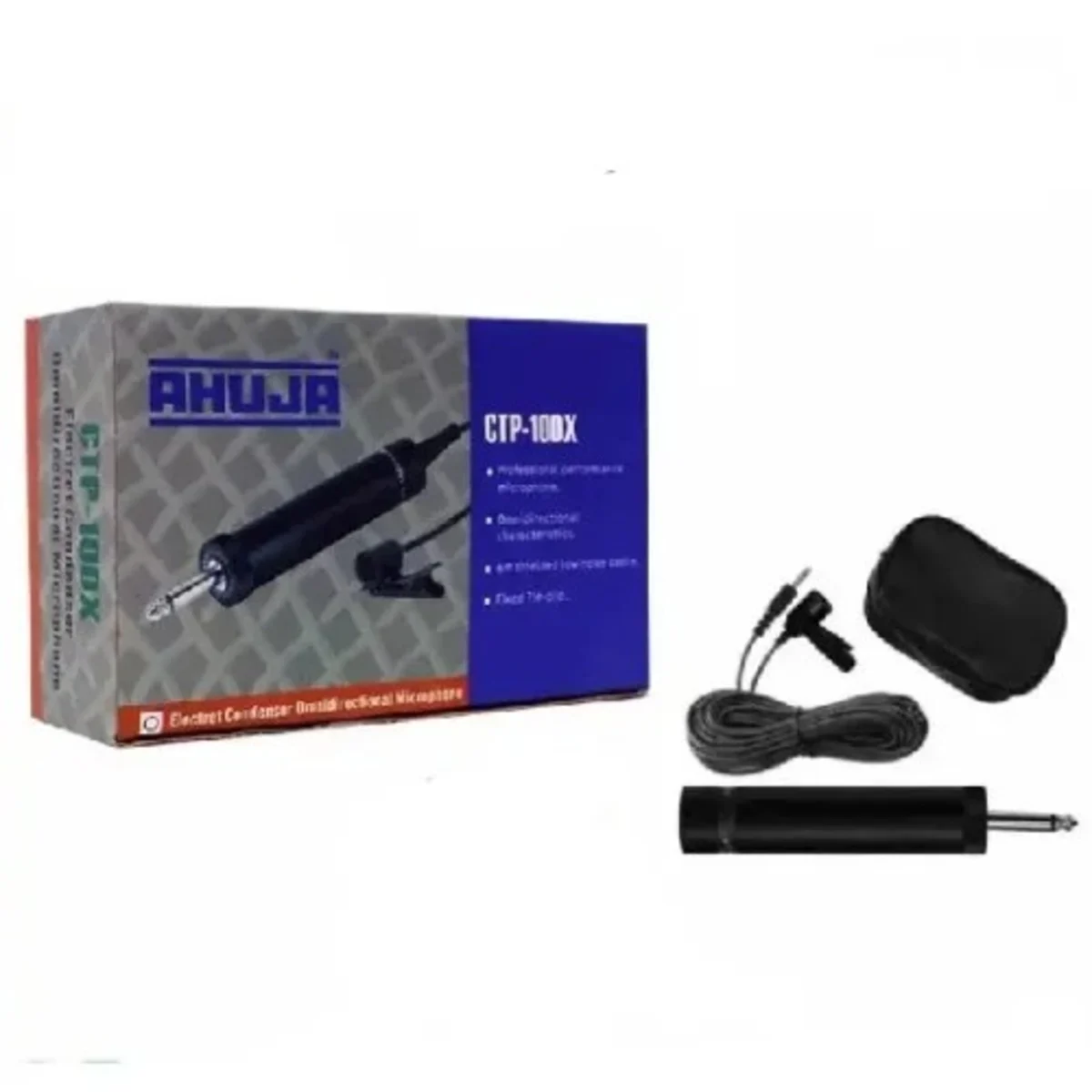   Ahuja CTP-100DX, un microphone électret à condensateur omnidirectionnel. Il inclut le microphone, un câble, ainsi qu'une pochette de transport. Souhaitez-vous plus de détails sur ses caractéristiques ou ses spécifications ? - Vue détaillée 1