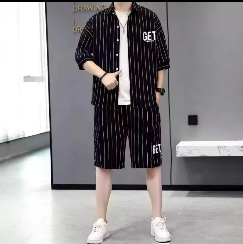 Chemise à manches courte Ensemble deux pièces rayé de luxe pour hommes - Vue détaillée 4