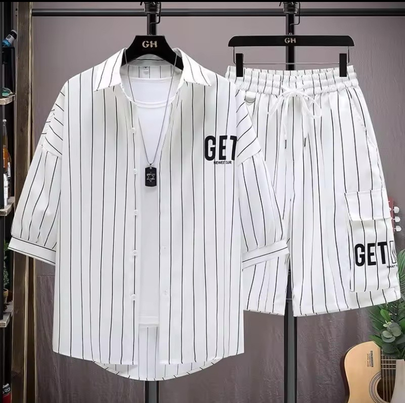 Chemise à Manches Courtes Ensemble Deux Pièces Rayé de Luxe pour Hommes – Élégance et Confort au Quotidien - Vue détaillée 3