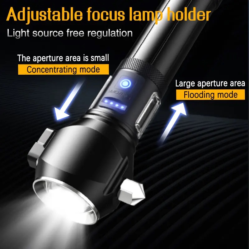 Lampe de poche multifonctions à zoom puissant pour l’extérieur, Rechargeable par USB, lampe de poche tactique d’urgence à LED avec marteau de sécurité  - Vue détaillée 1