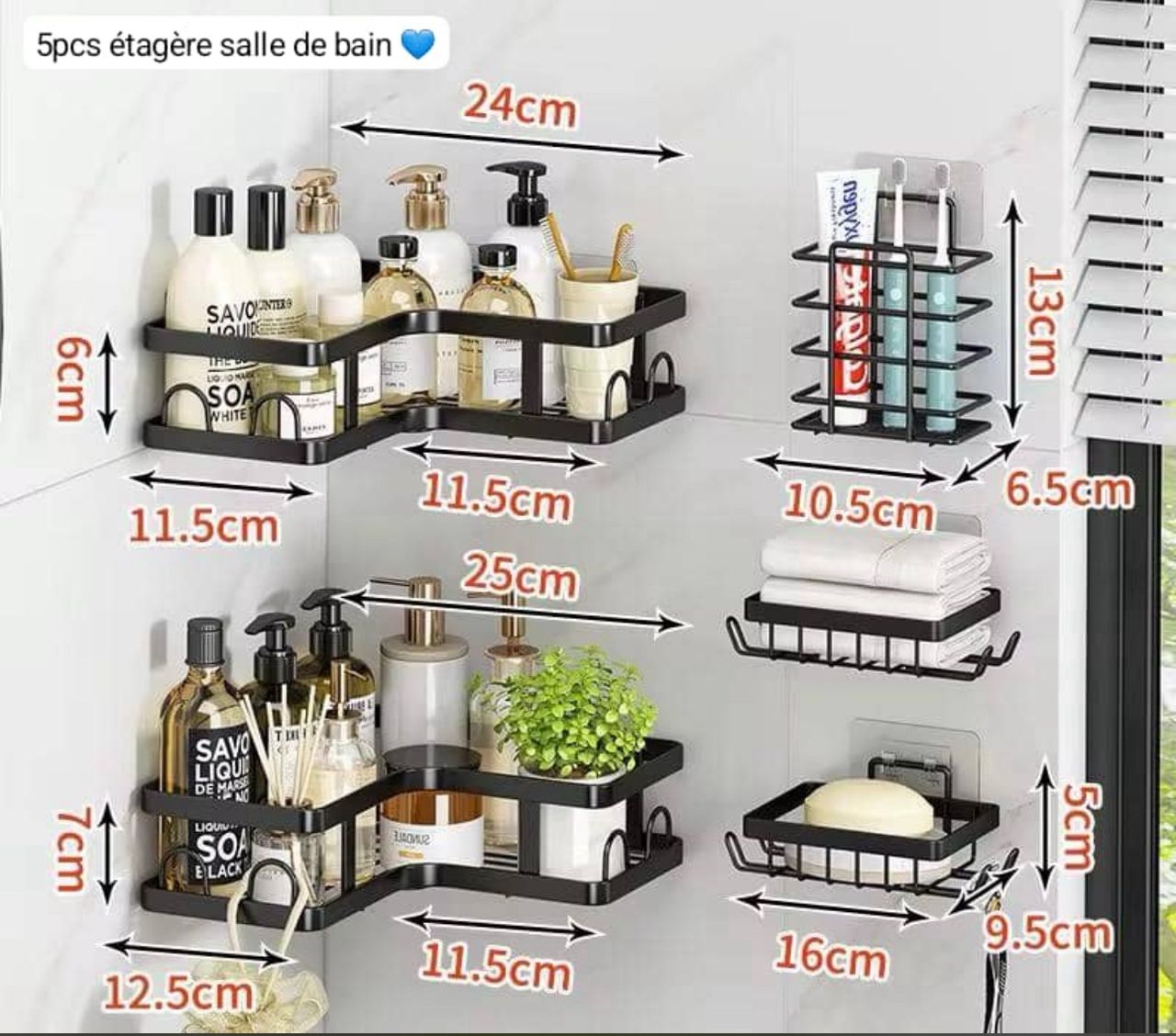 Étagère de douche sans trous, 5 pièces, étagères de douche autocollantes, organisateur de salle de bain noir, acier inoxydable, fixation murale, grande capacité, étagère de douche pour douche intérieure - Vue détaillée 3